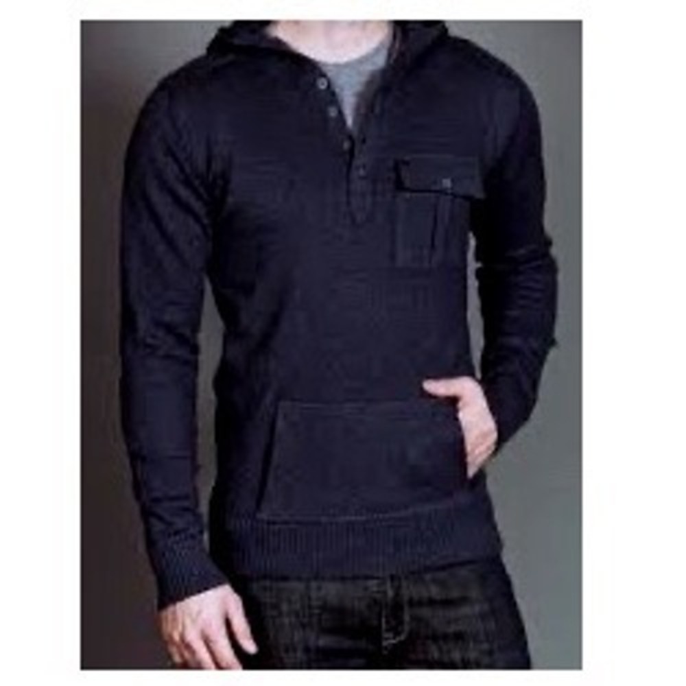 New L Mens Navy Blue Knit Hoodie Pullover Sweater Chest‎ Pocket & Elbow Patches